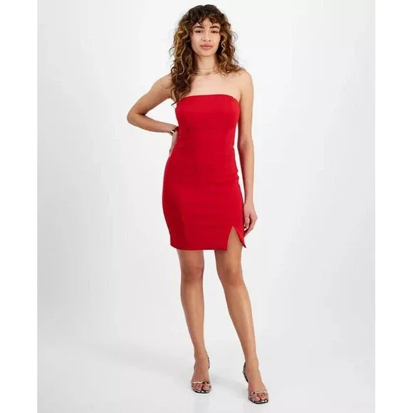 GUESS Women's Anya Straight neckline Strapless Party Bodycon Dress Red 14 - Picture 4 of 11